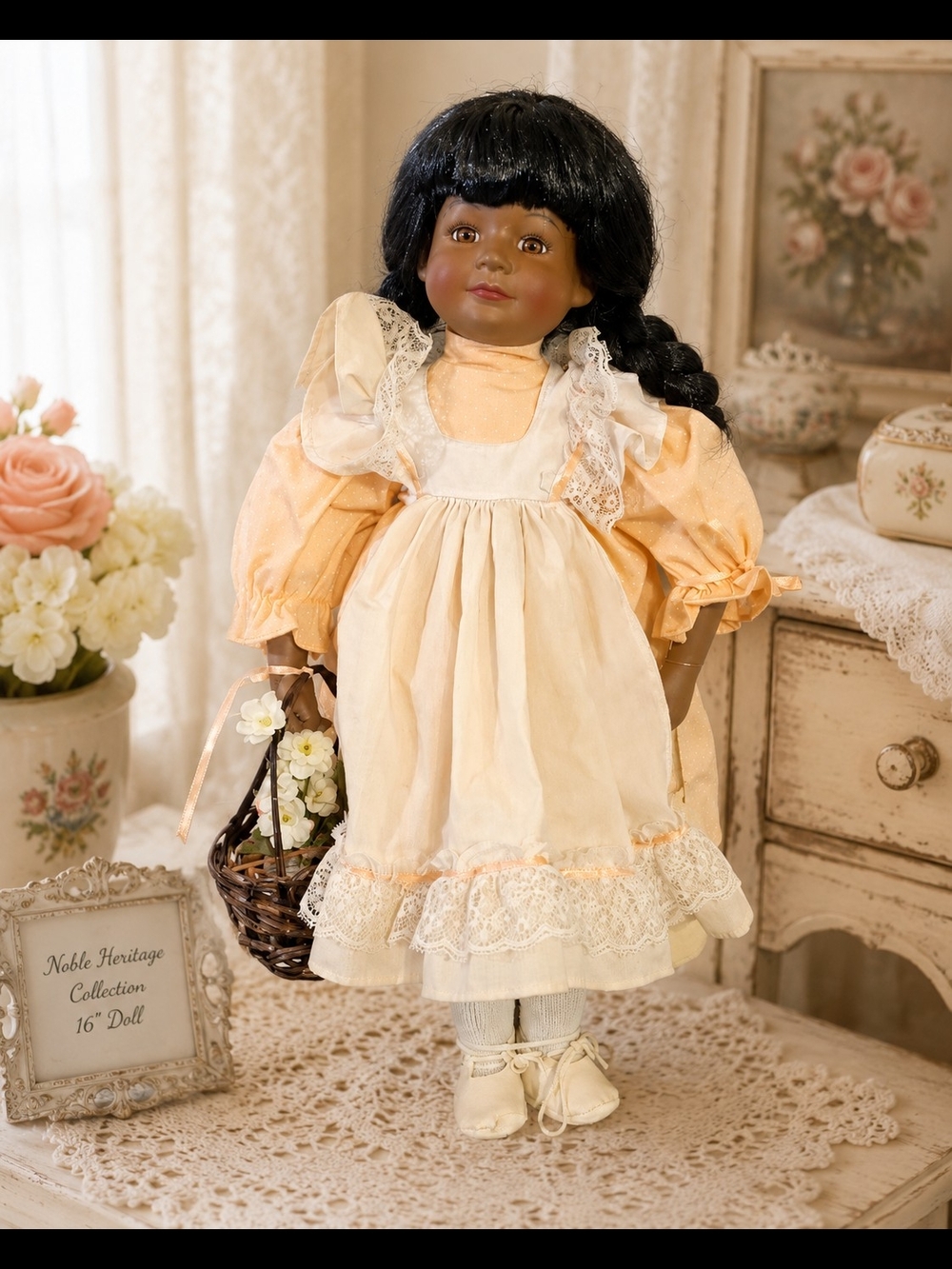 Zaneta 16" Porcelain Doll Black Hair Peach Dress Flower Basket Display Stand